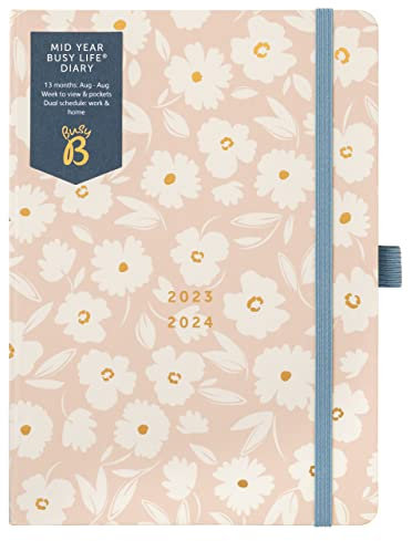Busy B Mid Year Busy Life Diary August 2023 - August 2024 - Pink Blumen - A5 Wochenübersicht Academischer Terminkalender 2023-2024 mit Stifthalter, elastischer Verschluss und Steckfächer