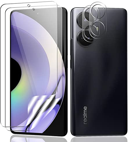 Jewloofa Protector de Pantalla Compatible con Realme 10 Pro +, 2 Piezas TPU Protector Pantalla y 2 Piezas Protector de Lente cámara, Anti-Arañazos, Cobertura Completa para Realme 10 Pro +