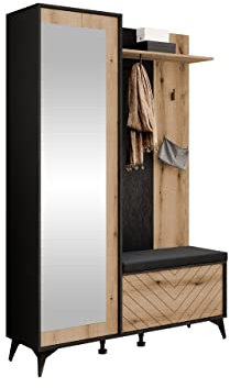 Mirjan24 Garderoben-Set Dailan, Praktischer Kompaktgarderobe mit 3 Kleiderhaken, Stangen, Spiegel und Ablage, Stylishe Flurgarderobe, Wandgarderobe, Schrank, Schuhschrank (Schwarz/Eiche Evoke)