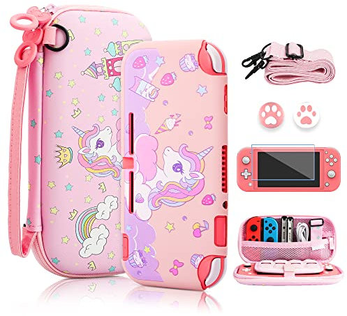 FANPL Coque pour Nintendo Switch Lite - Motif licorne rose - Coque de transport pour accessoires Switch Lite avec coque en TPU souple, sangle réglable, protecteur d'écran, capuchons pour les pouces