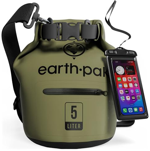 Earth Pak Dry Bag – Wasserdichter Packsack mit Reißverschluss Tasche, Schultergurt und wasserfester Handyhülle – Ideal beim Kajak Fahren, Camping, Angeln, Bootfahren und Rafting (Grün, 5L)
