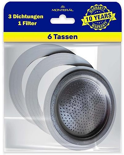 Juego de 3 Junta de Goma y 1 Filtro Cafetera adecuados para la Cafetera Italiana para Bialetti Moka 6 Tazas Garantía de 10 Años - MONTERAL