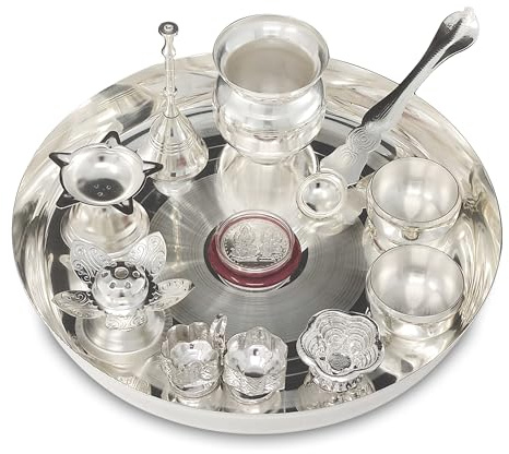 BENGALEN Silver Plated Pooja thali Set 8 Inch with Plate Kalash Bowl Agarbatti Stand Palli Diya Kumkum Stand Coin Ghanti Puja Thali for Diwali Home Mandir Office Wedding Return Gift Items