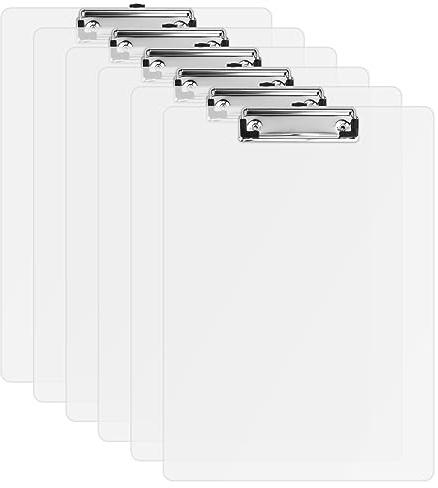 A4 Klemmbrett 6 Stk, Schreibmappe A4, Schreibbrett aus Kunststoff mit Gummierter Metallklemme, Zwischenablage mit Aufhängeose, Mappe Clipboard für Büro, Küche und Schule (Klar)