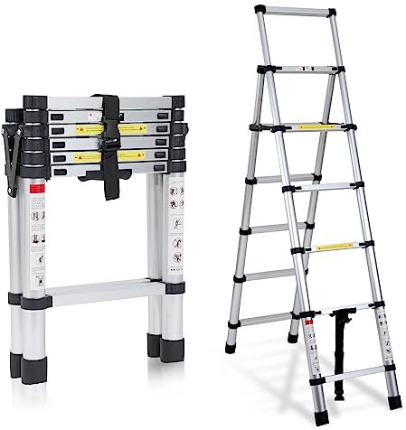 Izrielar Teleskopleiter 1,7m+2,0m, Aluminium Anti-Rutsch Leiter Ausziehbar mit Handlauf und Sicherheitsverriegelung, Klappsicherung Mehrzweckleiter, für Wände streichen, bis 150KG, Silber