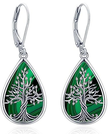Eusense Baum des Lebens 925 Sterling Silber Wasser Tropfen Ohrringe mit Malachit Baum des Lebens hängende Ohrringe Schmuck Geschenk für Damen Frauen Mädchen