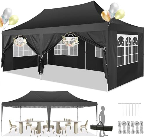COBIZI Tonnelle 3x6m Tente Pliante Tonnelle de Jardin avec 6 Parois 2.0, Latérales Tente Réception Pavillon Pliable, Robuste, Protection UV, Imperméable, Fête, Livré avec Sac de Transport(Noir)