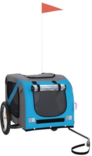 vidaXL Fahrradanhänger für Hunde, Hundeanhänger mit Reflektoren Flagge, Hundetransporter Maximale Belastbarkeit 45kg, Blau Grau Oxford-Gewebe Eisen