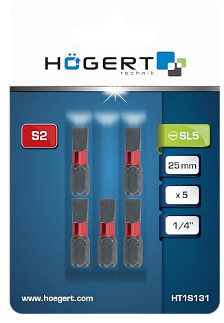 HÖGERT TECHNIK SL 5 Schlagfeste Schraubbits 25 mm – 5er Set – Flachbits aus S2-Stahl – 1/4 Sechskant – hohe Belastbarkeit – für Schlagschrauber & Akkuschrauber