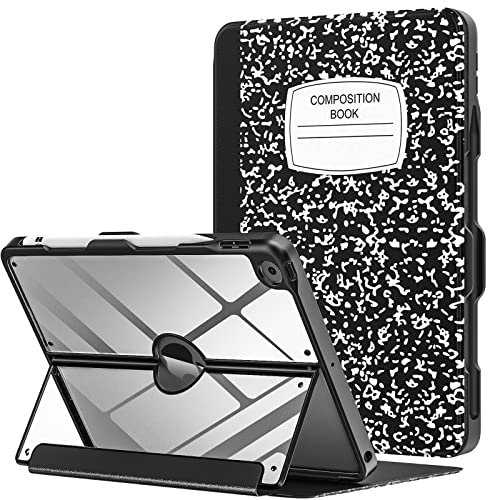 MoKo Case for iPad 9th Generation 2021/ iPad 8th Generation 2020/ iPad 7th Gen 2019 with Pencil Holder, Built-in Screen Protector Clear Back, Multi Angle Viewing Stand, Auto Wake/Sleep, Notebook Black
