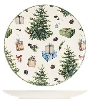 H&H Christmas Carol Set 12 Piatti Piani, Stoneware, Decoro Natale, 26cm
