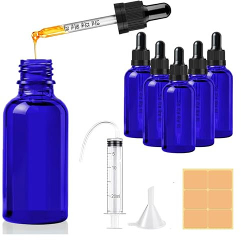 CoKeeSun 50ml Glass Dropper Bottle, 5 Pcs Blue Dropper Bottles with Pipettes, Reusable Glass Bottle Set with Funnel Needle Syringe Catheter Stickers for Hair Oil perfumes Cosmetics Storage