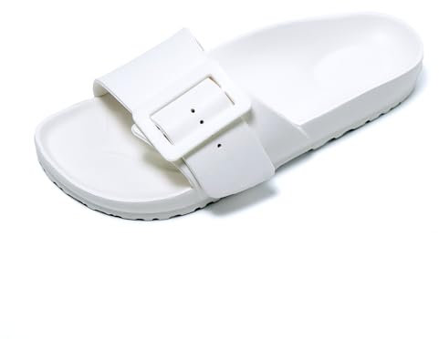 JOMIX Badelatschen Damen Sommer Flach Sandalen Strandsandalen Pantoletten Dusch und Badeschuhe (Weiß, 36 EU, SD2002)