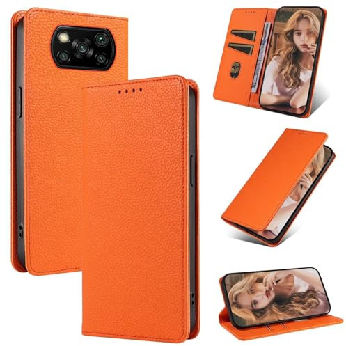 Beajew Handyhülle für Xiaomi Poco X3/Poco X3 NFC/Poco X3 Pro Hülle, Premium Leder Klapphülle [RFID Kartenschlitzen][Magnetverschluss][Standfunktion] kompatibel mit Xiaomi Poco X3 Pro, Orange