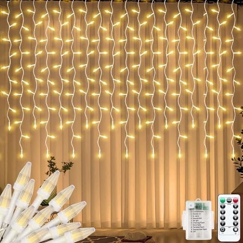 CORST Luces de carámbano para exteriores de 3 m x 1 m, funciona con pilas, luces LED con forma de diamante para colgar en aleros de habitación, luces de pared de cascada, 8 modos, impermeable (blanco
