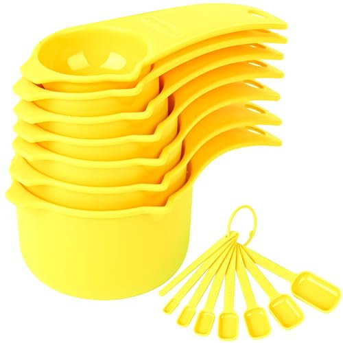 SPUVGVC Plastic Measuring Cups and Spoons Set, Yellow Dry Measuring cups Set with Spout and Leveler for Kitchen and Baking, BPA free and Dishwasher Safe, Nesting Measuring Cups Set 15
