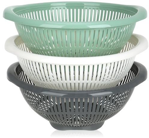 COM-FOUR® 3X Kitchen Sieve Made of Plastic - Strainer for Washing Fruit & Vegetables - draining Sieve for Pasta - Round Colander with Base and Handles - draining Basket (Grey/Cream/Green)