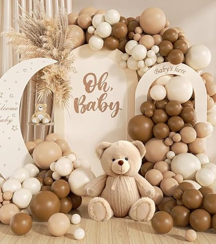 140Pcs Netural Balloon Garland Arch Kit, 5 10 12 18inch Brown Beige Nude Tan Balloons for Birthday Party Netural Bear Baby Shower Decorations