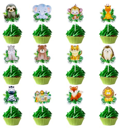 Wild One Cupcake Toppers 12Pcs Jungle Safari Animal Cake Toppers 1st Birthday Cake Decorations for Kids Jungle Safari Theme Baby Shower First Birthday Party Supplies Y7CLDWCP
