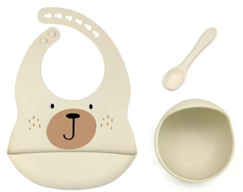 Generico Set pappa neonato in silicone – Bavaglino con tasca, ciotola antiscivolo e cucchiaino – Kit svezzamento dai 6 mesi