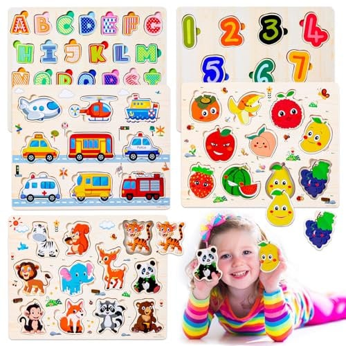 LOVICVKEM 5 Pezzi Puzzle in Legno per i Bambini, Puzzle Legno Bambini 2 3 4, Giochi Montessori Bambino, Educativo Giocattoli Regalo, Animali Frutta Forme Lettere Numeri Traffico, Regalo Natale (A)