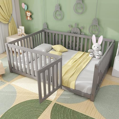 Dolamaní Bodenbett Kinderbett 140x200 cm Weiß mit Rausfallschutz und Tür Montessori Bett, Gitterbett Doppelbett Holzbett, Grau