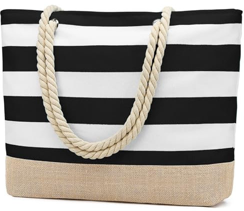 oscaurt Strandtasche XXL Familie Shopper Tasche Damen Badetasche Wasserdicht Umhängetasche Beach Tote Bag mit Reißverschluss Faltbare Reisetasche Sporttasche Travel Bag (Schwarz)