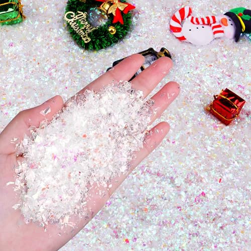 Qumenan Decoración de nieve artificial de 7 onzas para manualidades, relleno de polvo de nieve brillante para decoración de fiestas de Navidad (blanco)