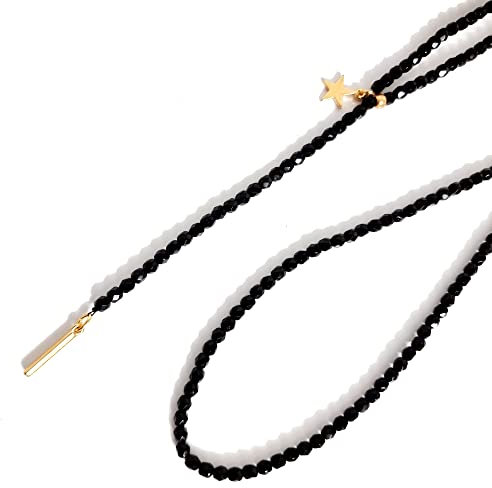Y-Kette Halskette Ypsilonkette lang schwarz glänzend Glasperlen einfarbig mit Anhänger Stern gold
