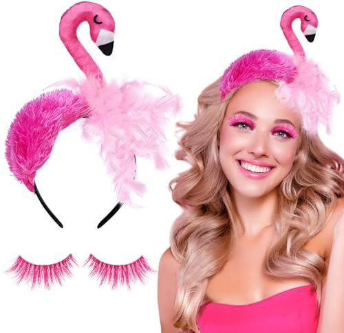QIMMU Flamingo Haarreif Damen,Haarreif Flamingo,Stirnband Flamingo mit Künstliche Wimpern Rosa,für Karneval,Fasching,Mottoparty