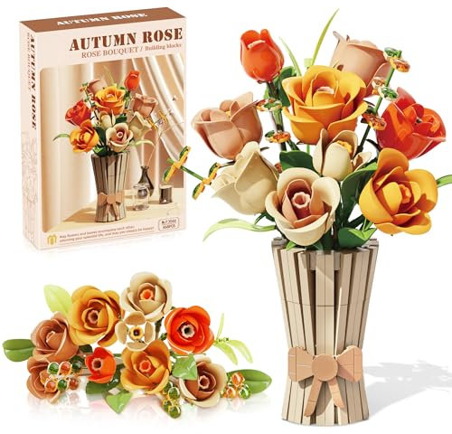 Juego de flores de rosas con jarrón para adultos, ramo de flores silvestres con iconos, kits de colección botánica compatibles con flores Lego, juego de flores artificiales para Navidad, día de San