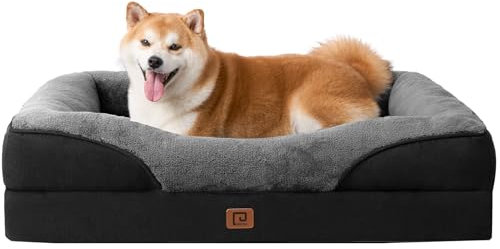 EHEYCIGA Orthopädisches Hundebett Mittelgroße Hunde, 91x68x17.5cm, Memory Foam Waschbar und Wasserdicht Hundekorb mit 4 Rändern, Hundesofa Hundecouch rutschfest, Grau/Schwarz