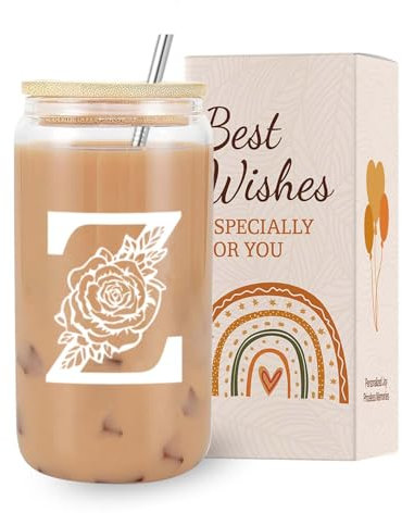 VivaJoy A-Z Initial Personalised Birthday Gifts for Women - Monogrammed Gifts for Women,Initial Letter Z,Glass Cups with Lids Straws, Christmas or Birthday Gifts for Her,Mum,Friend,Sister（Letter-Z）