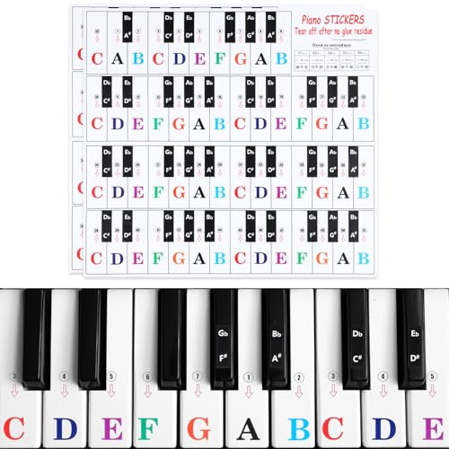 Klavier Keyboard Aufkleber, 2 Stück Entfernbar Klaviertasten Aufkleber für 88/61/54/49 Tasten Farbige Transparent Klavier Noten Aufkleber für Kinder Anfänger Klavier Lernen