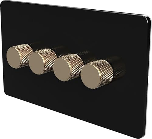Flat Trailing Edge 2 Way LED Dimmer Switch Rotary Push On/Off for Dimmable LED and Halogen Lights - Black/Brass 4-Gang