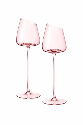 Set of 2 Elegant Pink Long-Stem Wine Glasses – 11in/28cm Asymmetrical Red & White Wine Goblets, Ultra-Light 4.3oz/121g, Modern Slanted Rim Design for Romantic Dinners, Weddings & Gifts