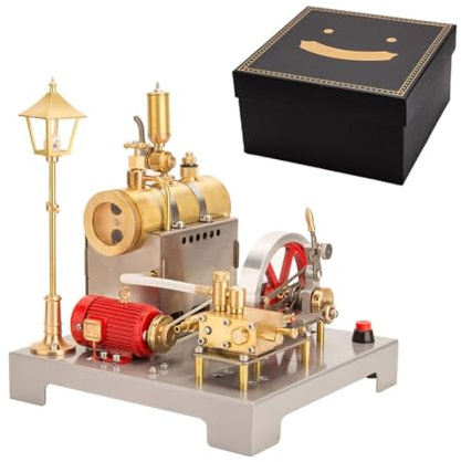 Retrol SE-02 Dampfmaschinen-Modellbausatz, 100-teiliger Vollmetall-Bausatz mit reversibler horizontaler Dampfmaschine, Kessel, Generator und LED-Straßenlaterne für MINT-Bildung und als Geschenkidee