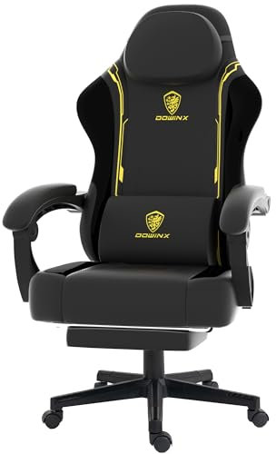 Dowinx Gaming Stuhl, Ergonomischer Gamer Stuhl aus PU-Leder mit Lendenwirbelstütze, PC-Stuhl mit verbreiterter Rückenlehne, Belastbar bis 150 kg, Gelb