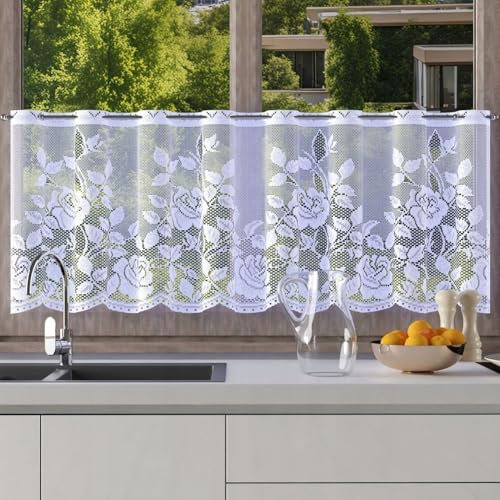 Home Dekorator Scheibengardinen Landhausstil 150x50 cm | Weiß Gardinen Küche | Gardine Küchenfenster mit Blumenmuster | Kurzgardine mit Schlaufen | Bistrogardinen mit Ösen (H231)