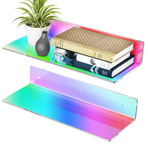 Sezanrpt 2 Pack Iridescent Acrylic Floating Shelves 15 Inches, Wall Hanging Bathroom Shelves, Wall Storage Shelf for Kitchen, Dining Room, Living Room, Bedroom, Bathroom, Retail, Supermarket