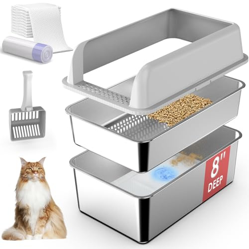 SuzziPaws XL Stainless Steel Sifting Litter Tray with Lid for Pine Pellets | 8 Deep High-Sided Non-Stick Cat Litter Tray Prevents Leaks and Easy Cleaning for Big Cats Using Pellet Litter