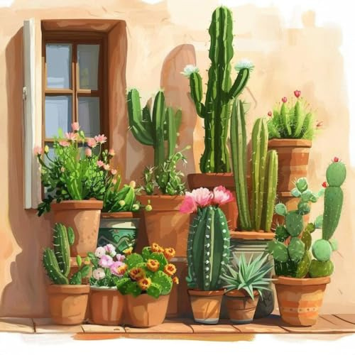 Paint by Numbers for Adults, Cactus Garden Painting Kits, 16 x 16 Inch | DIY Acrylic Painting Craft for Beginners, Relaxing Stress Relief Craft, Desert Wall Decor, Boho Home Decor, Gift Idea