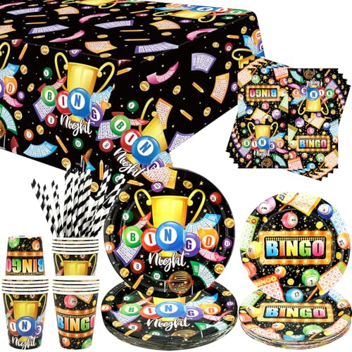 Bingo Party Supplies - Bingo Party Tableware - Dinner Plates Desserts Plates Cups Napkins Tablecover Straws for Game Night Supplies, Serves 20