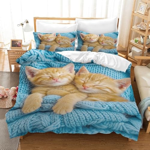 MIQEBX Nettes Katze Bettwäsche Set für Mädchen Jungen Kinder 3D Haustier Katze Mikrofaser Bettbezug Set Lustige tierbedruckte Betten Set Kinderzimmer Dekor (Blau, 135x200cm)