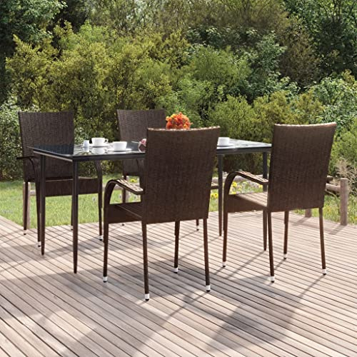 Runheo 5-TLG. Garten-Essgruppe Braun Poly Rattan, Outdoor Möbel Set mit Hartglas-Tisch, Stapelstühle für Terrasse Balkon, witterungsbeständig