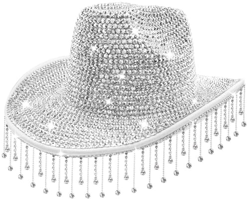 Pineeseatile Strass-Cowgirl-Hut, Strass-Cowgirl-Hut, Sonnenschutz, silberner Cowboy mit Quaste, Braut- mit verstellbarem Riemen für Damen, Hochzeit