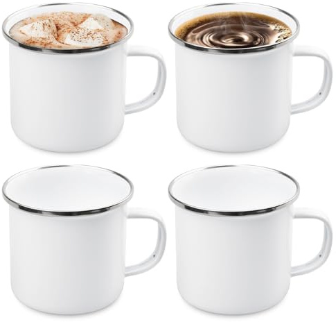 4er-Set Emaille Becher 350 ml, Camping Becher Emaille Tasse, Emaillebecher mit Edelstahl Trinkrand, Trinkbecher, Kaffeebecher, Enamel Mug für Zuhause, Büro, Reisen, Camping