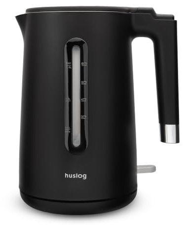huslog Bollitore elettrico da 1,5 l, 2200 W, Double Wall Cool-Touch in acciaio inox 304, senza BPA, con indicatore del livello dell'acqua, base a 360°, protezione contro il secco, nero