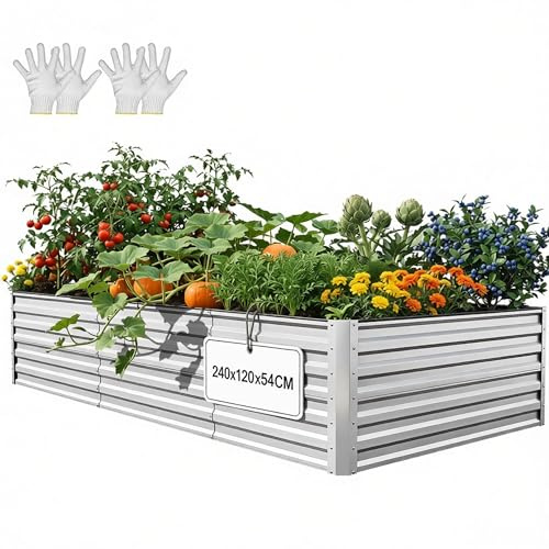 YITAHOME Hochbeete für Garten,1550L Hochbeet aus Metall mit 0,35mm | verzinkter Stahl, Pflanzkasten mit Sicherheitsrand und 4 Stützstangen für Gartenobst und gemüse (Silber,240X120X54CM)