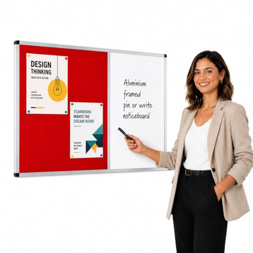 Wonderwall Combination Noticeboard & Whiteboard 90 x 60cm, Red | Red combination board, magnetic dry-wipe whiteboard plus pinnable felt noticeboard, aluminium frame